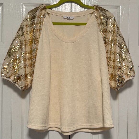 THML Anthropologie Pure Love Cream Top Shirt Sequin Puff Sleeve Gold - Picture 2 of 6